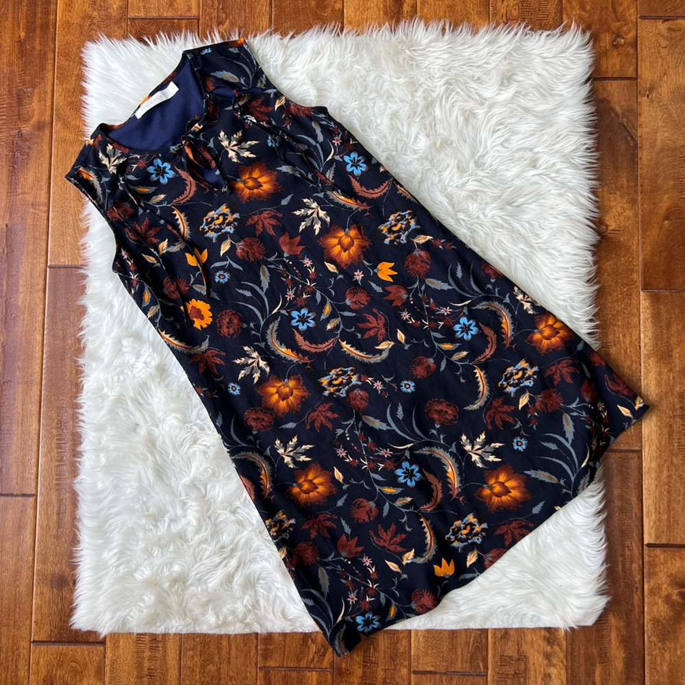 Statement Womens A Line Dress Blue Floral Keyhole Jewel Neck Sleeveless Tie 2